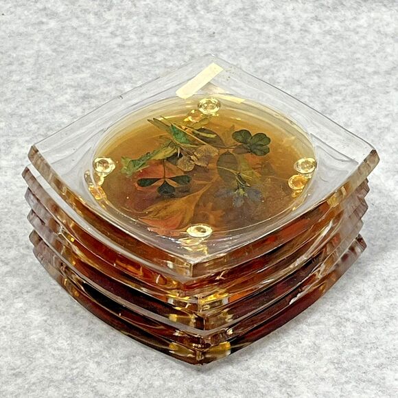 Vintage Lucite Acrylic Footed Coasters Dried Pressed Flowers Set of 6 Clear 3.5" - Picture 14 of 16